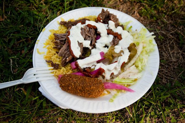 Here's the food from the winner of the 2010 Vendy Cup winner: The King of Falafel & Shawarma. The King can be found on 30th Street and Broadway in Astoria. They specialize in...falafel and shawarma.